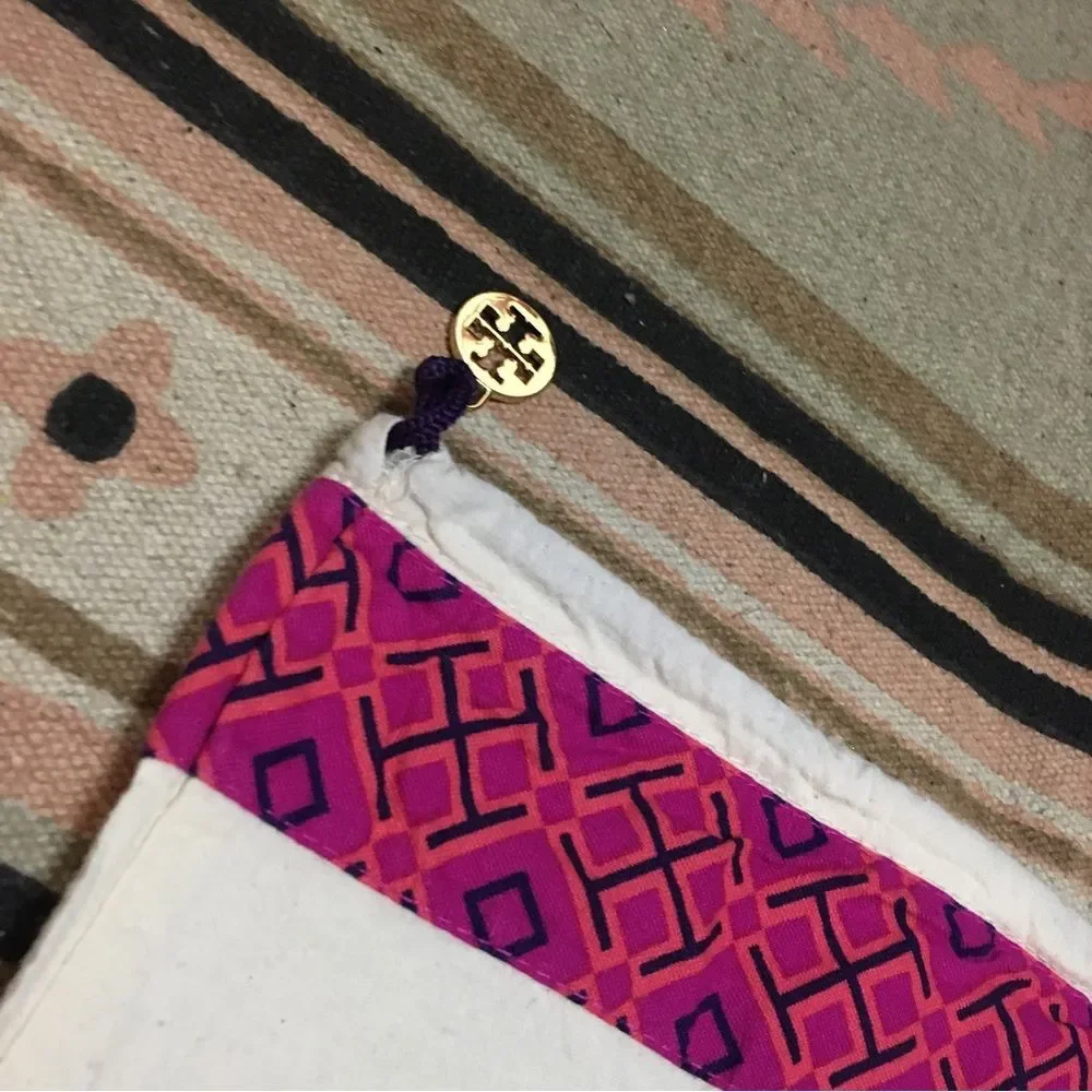 Tory Burch large cream drawstring dustbag pink ribbons trim gold logo charm